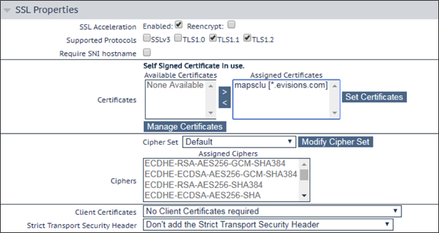 SSL Properties screen of the load balancer showing the evisions.com certificate added.